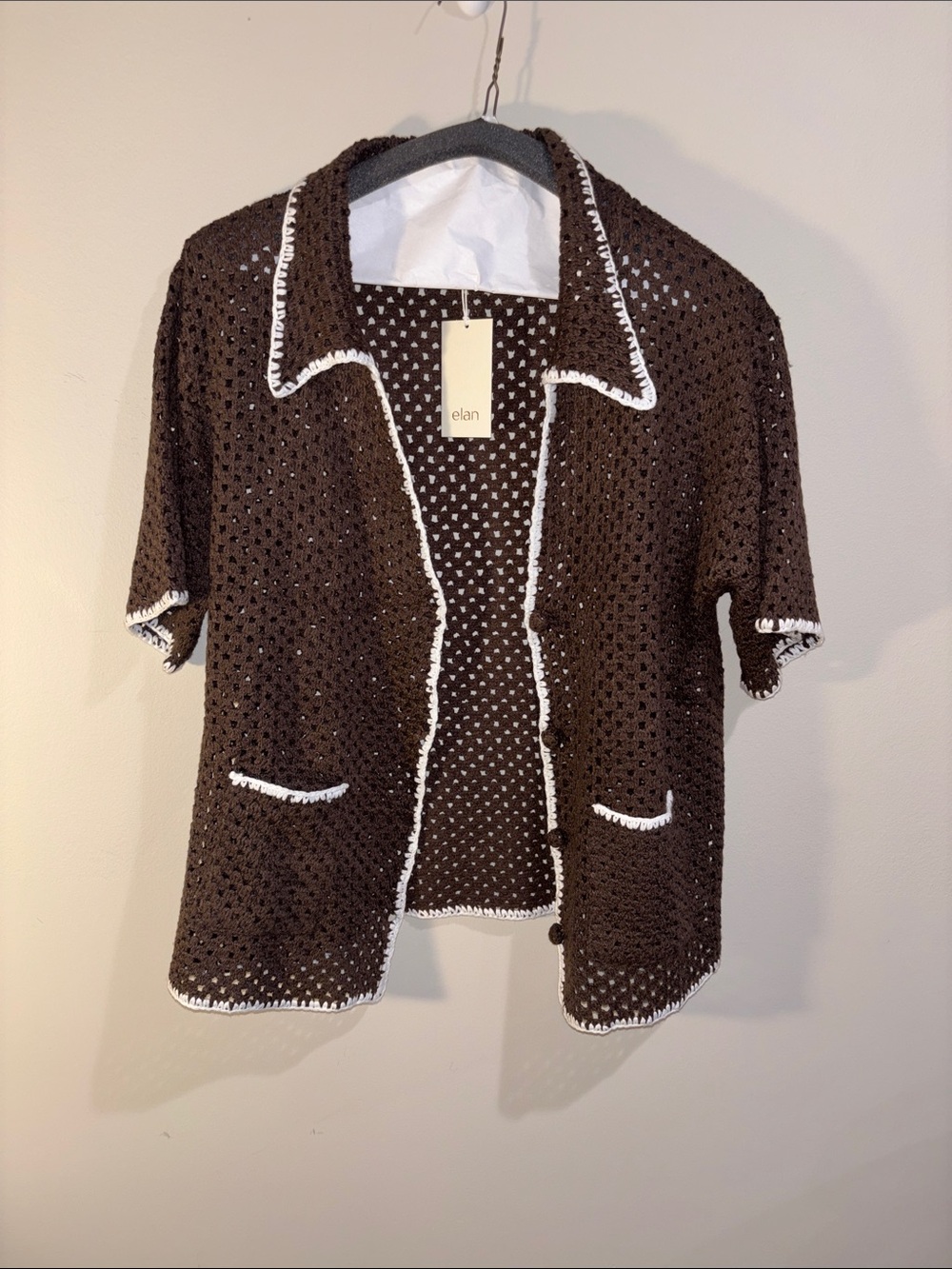 NWT Elan Brown Crochet Short-Sleeve Jacket with White Trim
